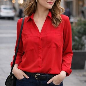 Express Women’s Button-Front Blouse — Red, Long Sleeve, Size‎ Medium